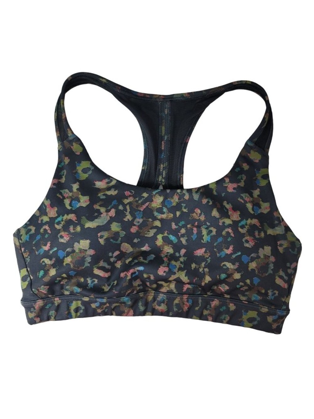 Athleta Contender Sports Bra Small Mesh Pullover Ancient Forest Leopard #446803